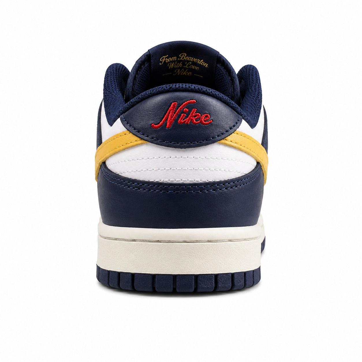 Nike Dunk Low From Beaverton marino branco amarelo detalle talón