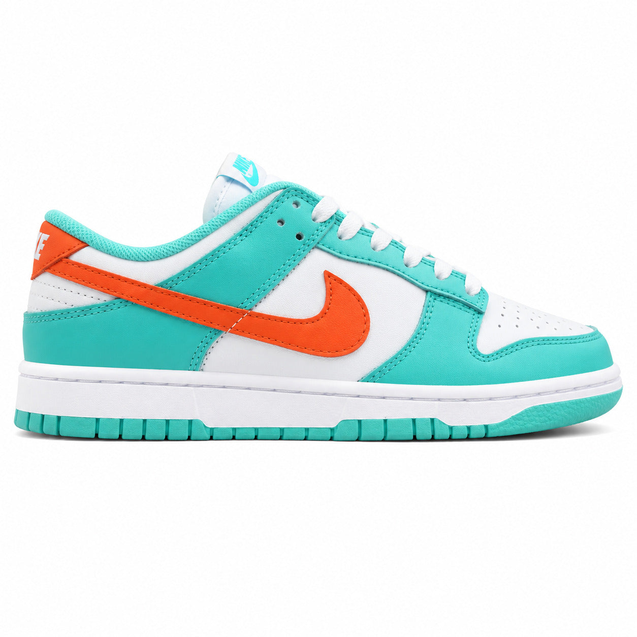 Nike Dunk Low Miami Dolphins branco turquesa laranja lateral derecha