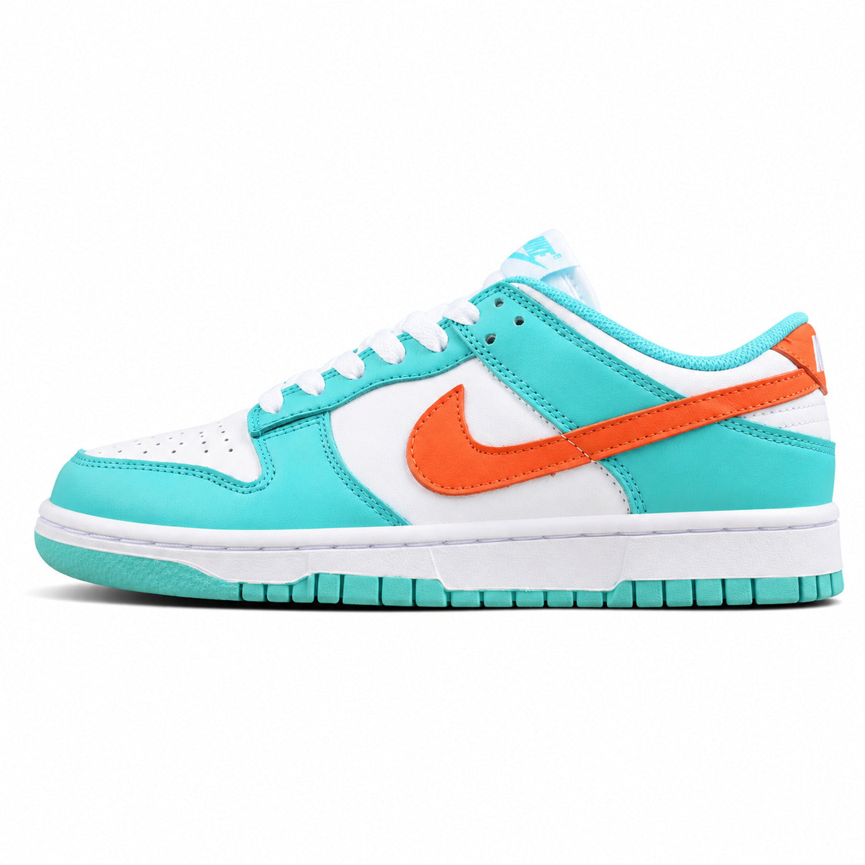Nike Dunk Low Miami Dolphins branco turquesa laranja lateral izquierda