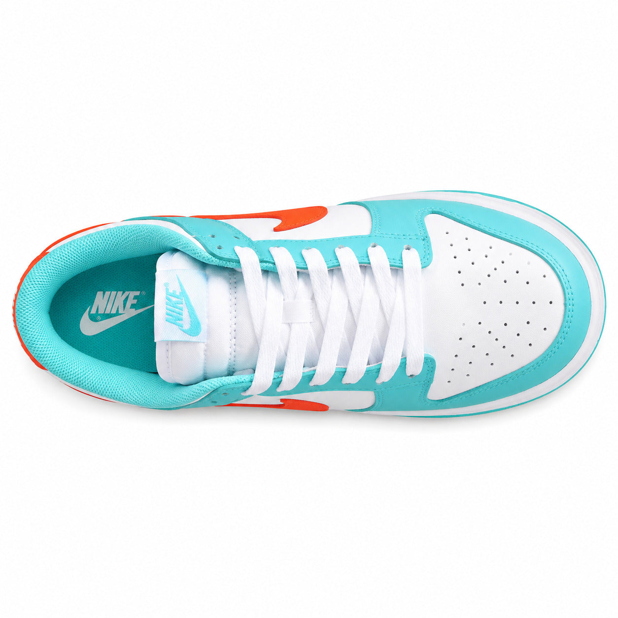 Nike Dunk Low Miami Dolphins branco turquesa laranja vista superior