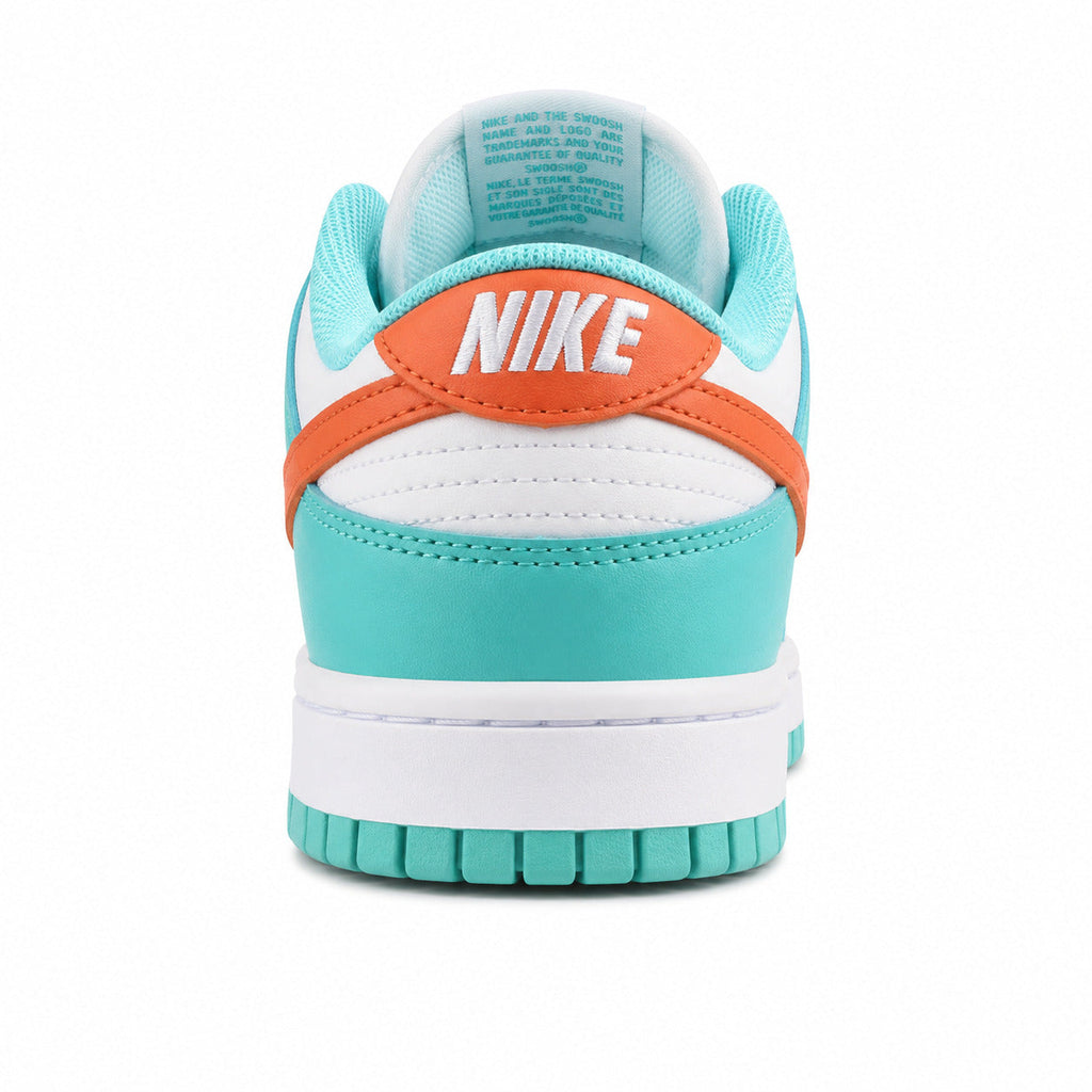 Nike Dunk Low Miami Dolphins branco turquesa laranja detalle talón