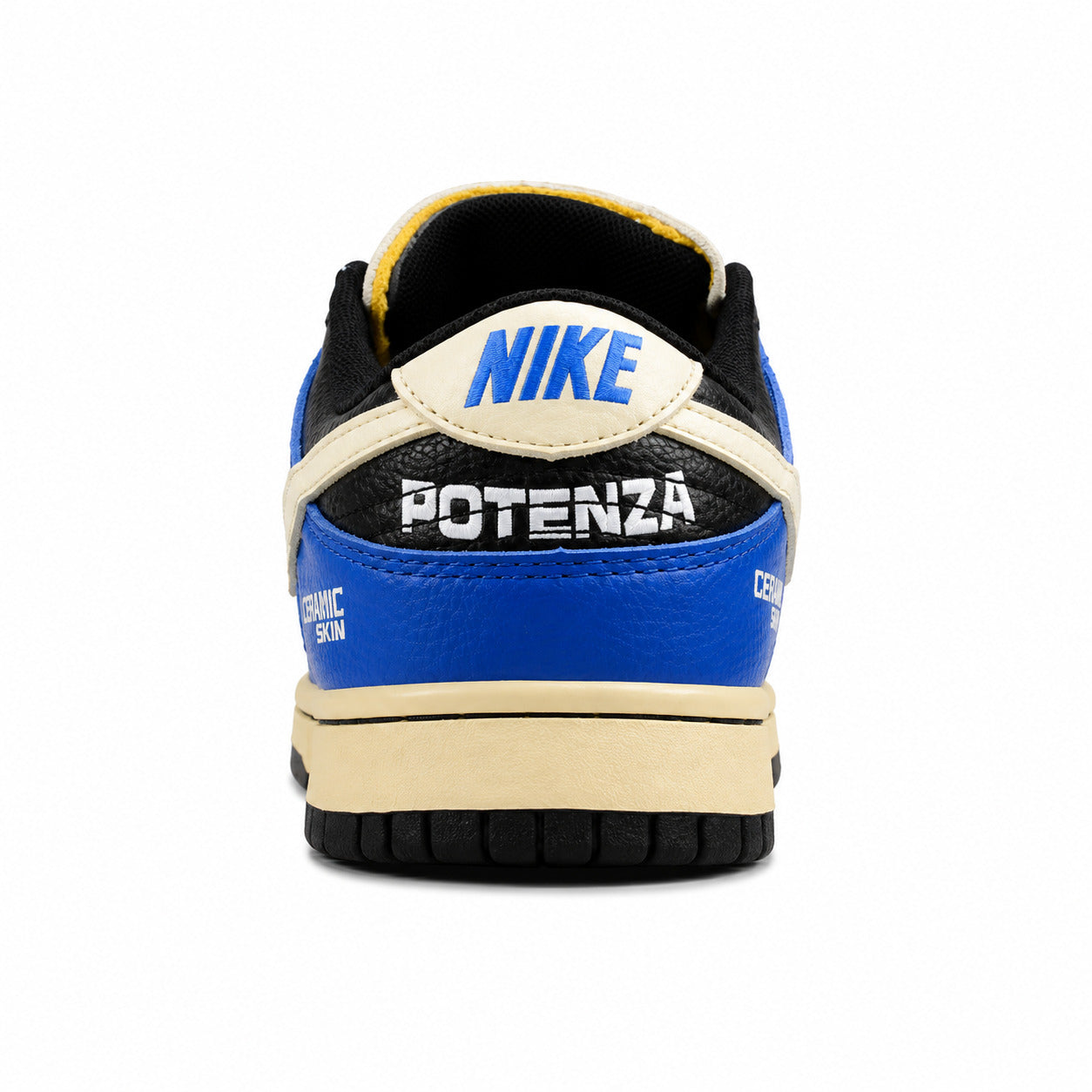 Nike Dunk Low x Calsonic Nissan Impul azul crema preto detalle talón